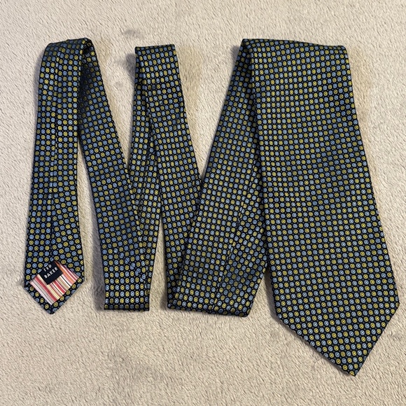 Ted Baker London Men's Necktie Navy Blue Yellow Dots Circles Silk Made in USA - Picture 1 of 7